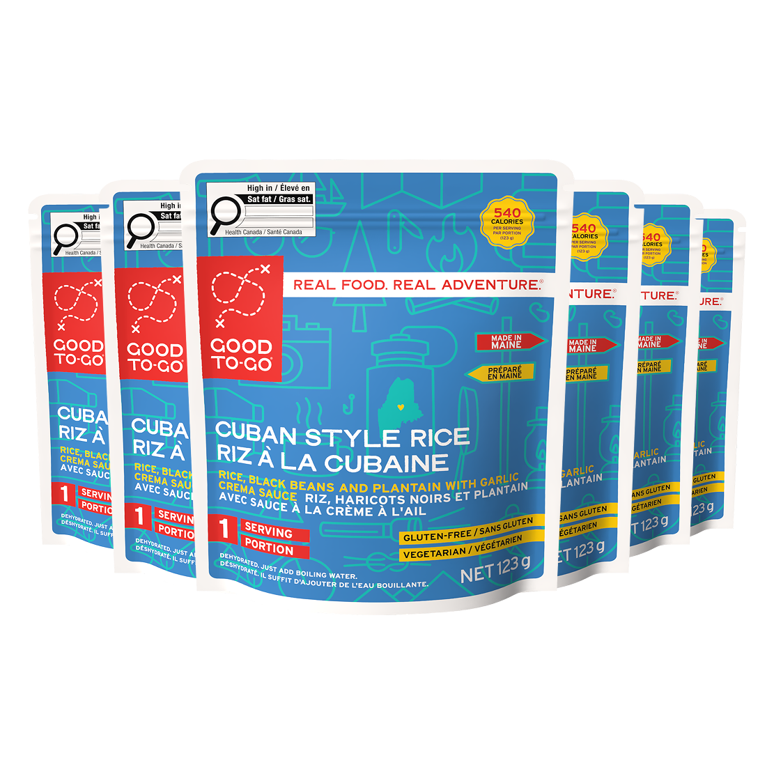 6 packages of Good To-Go Cuban Style Rice on a white background