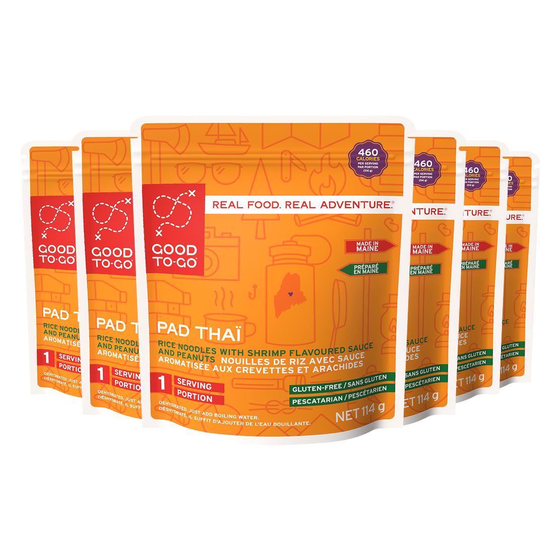 6 packages of Good To Go Pad Thai on a white background
