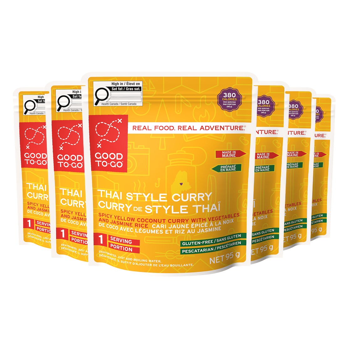 6 packages of Good To Go Thai Style Curry on a white background.