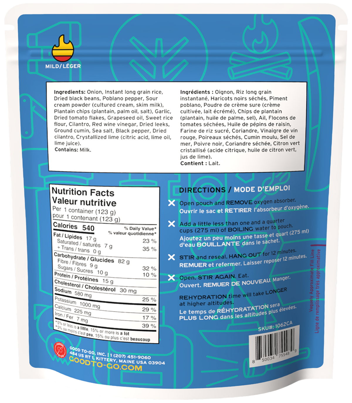 Back of a Good To-Go Cuban Style Rice package with blue design, nutrition facts, and directions.