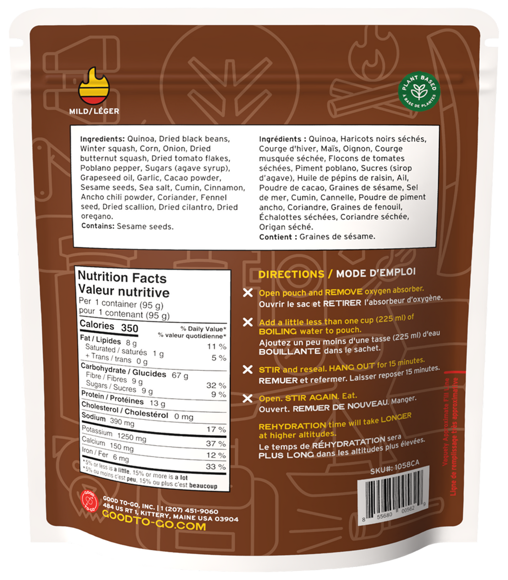 Back view of mexican quinoa bowl packaging with nutritional information and directions.