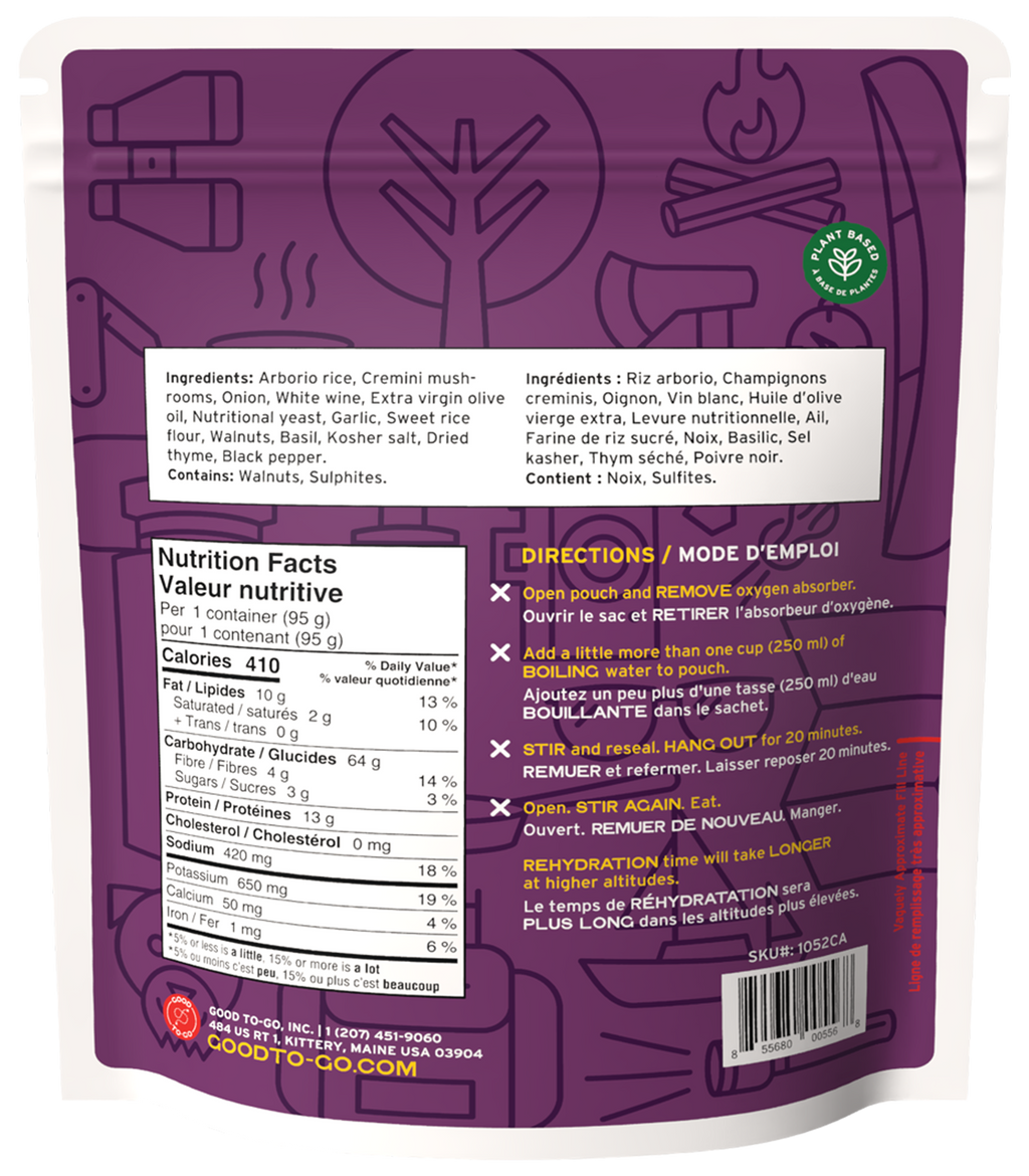 Back of a mushroom risotto food package with nutrition facts and ingredients.