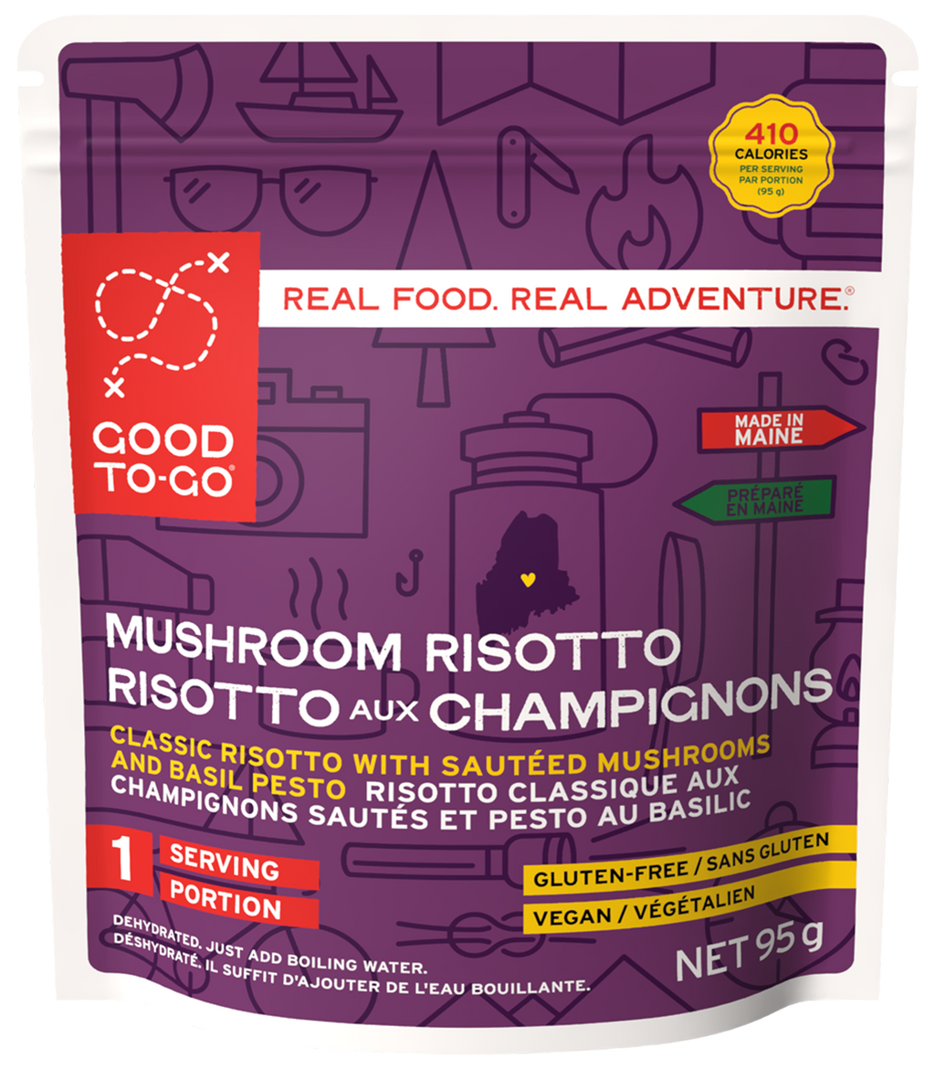 Good To-Go mushroom risotto package with purple and red design