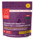 Good To-Go mushroom risotto package with purple and red design