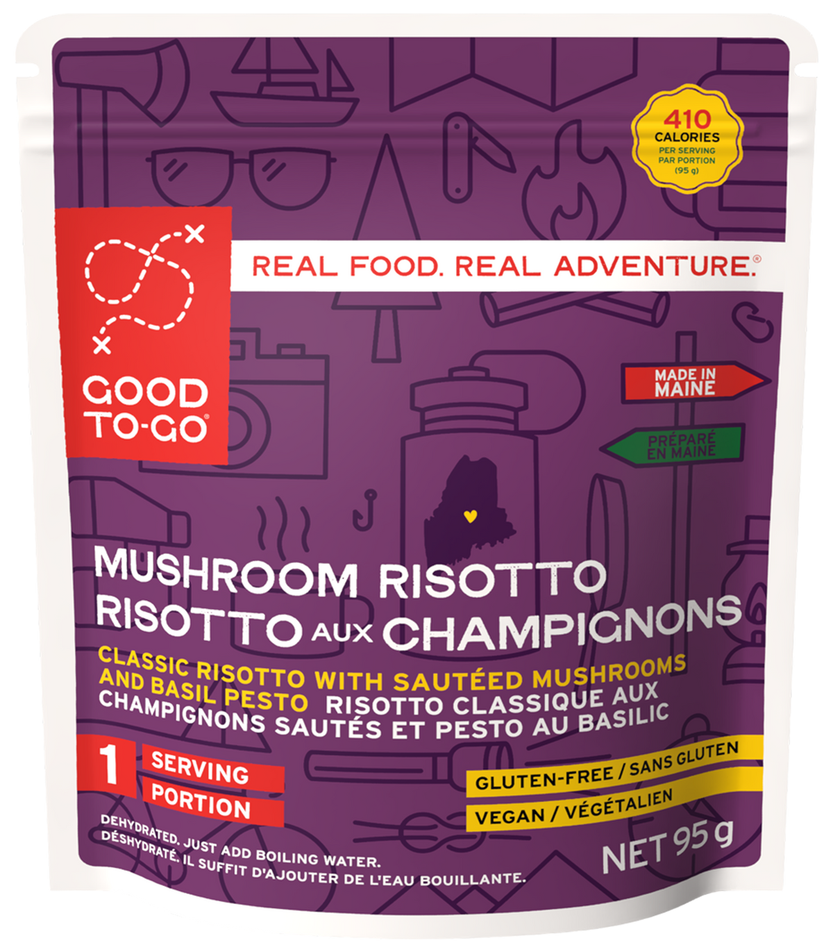 Good To-Go mushroom risotto package with purple and red design