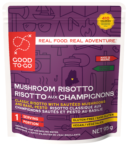 Good To-Go mushroom risotto package with purple and red design