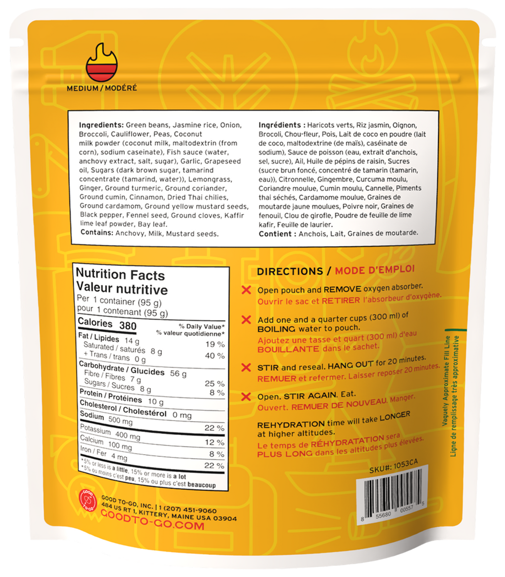 Thai style curry packaging with nutritional information and cooking directions on a white background.